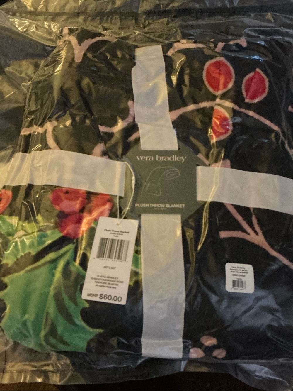 Vera Bradley Black Plush Throw with Pink Floral Accents